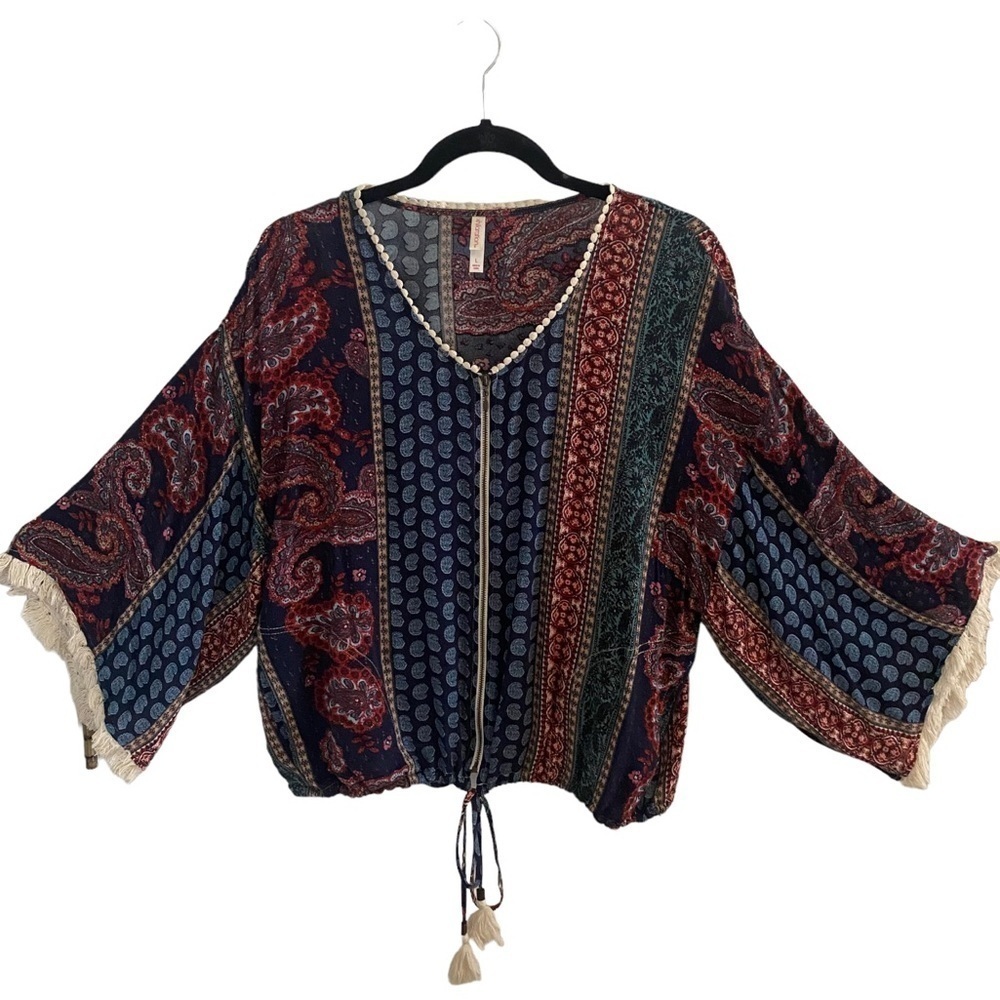 Xhilaration Top Blouse Zip Front Drawstring Waist Fringe Sleeves